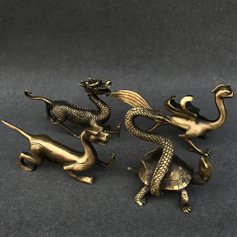 

Retro Chinese Style Monster Dragon Tiger Miniatures Office Desk Decor Mascot Figurines Copper Antique Ornaments Home Decoration