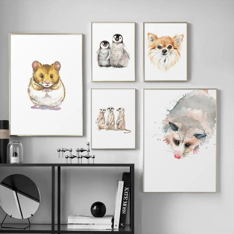 Watercolor Animals Art Poster Wolf Little Penguins Opossum Nursery Canvas Painting Wall Print Nordic Pictures Kids Room Decor