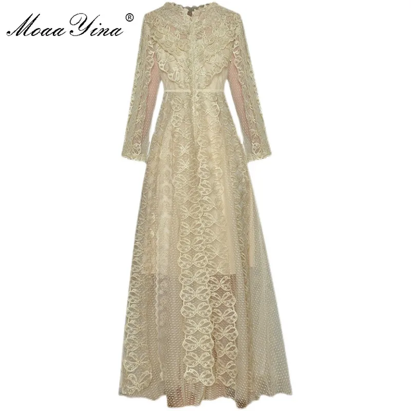 MoaaYina Fashion Designer dress Spring Women's Dress V-neck 3/4 sleeve Gold Line Embroidery Mesh Party Long Dresses