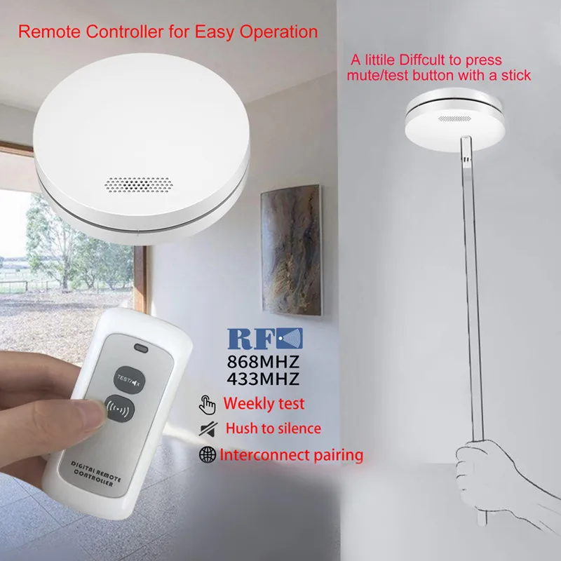 Imagem -03 - sem Fio Interligado Conecte Smoke Detector Controlador Remoto Smoke Machine Alarm Fire Smoke Alarm Rf433mhz