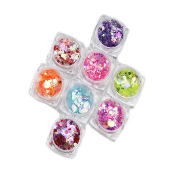 무지개 빛깔 네일 아트 스팽글 별 및 하트 네일 글리터, DIY 크롬 파우더, 반짝이는 육각형 청키 플레이크 매니큐어 장식, 8 개 