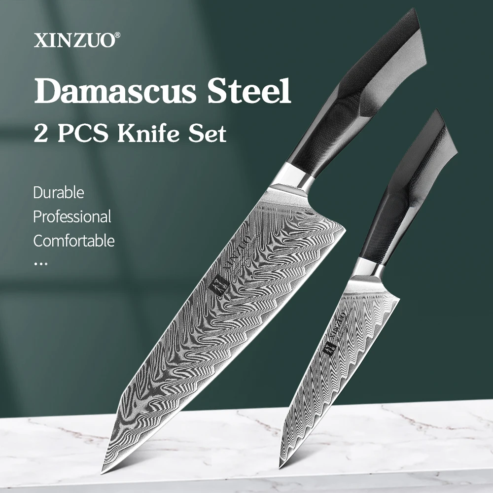 XINZUO 2PCS Knives Set Janpanse Damascus Steel 5'' Utility 8.5'' Chef Cleaver Meat Vege Cutting Kitchen Set Tools G10 Handle