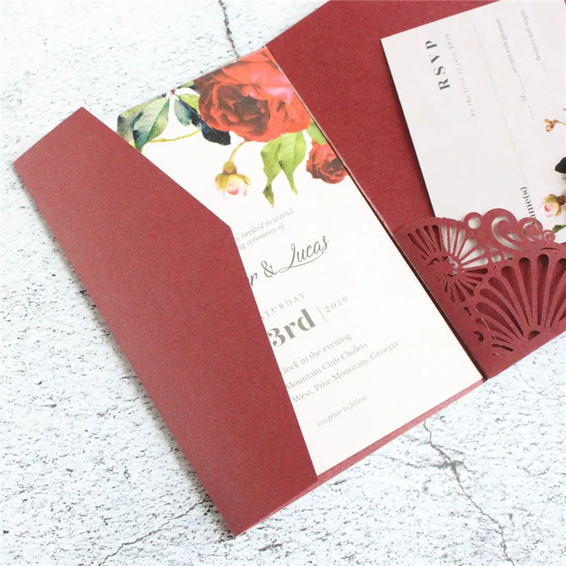 Rural soft pink invitation pocket pearl paper tri-fold laser cutting 20 pcs