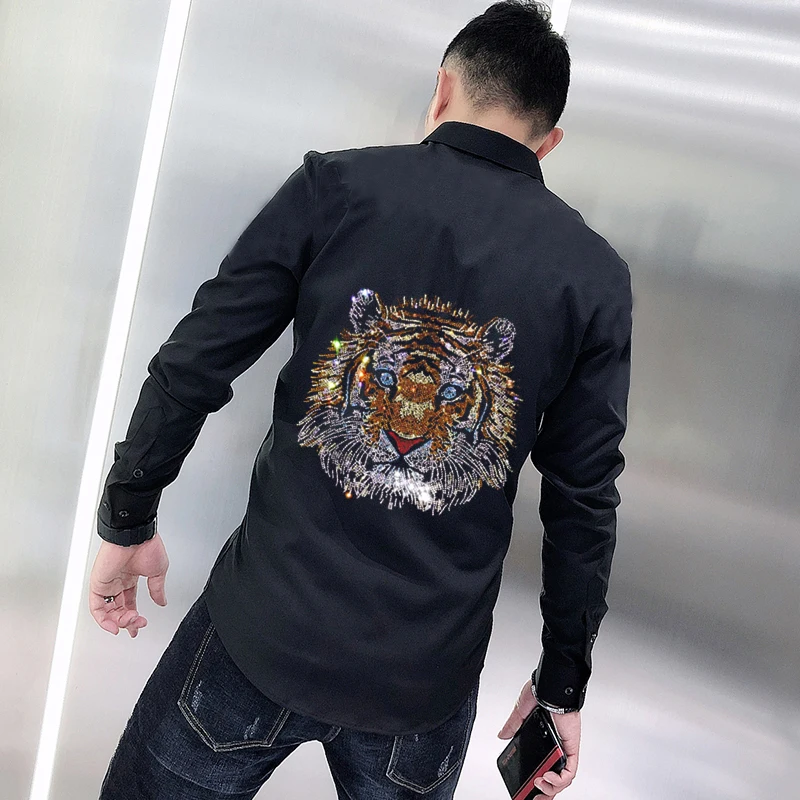 

New Design Autumn Men's T-Shirt Exquisite Rhinestone Style Business Long-Sleeved Fashion Lapel Hot Diamond Youth