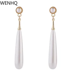 WENHQ Hot Sale Vintage Gold Color Long Style Pearl Clip on Earrings No Pierced for Women Fashion Statement Drop Earrings Jewelry