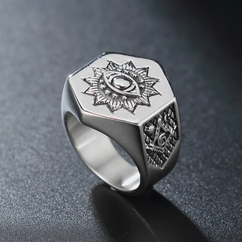 All Seeing Eye Ring Men's 316L Stainless Steel AG Masonic Rings Heavy Metal Freemason Biker Jewelry Dropshipping Store