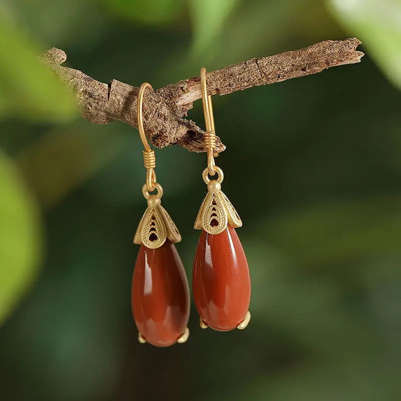 Designer unique original silver inlaid southern red tourmaline drop-shaped fashion and simple temperament ladies earrings