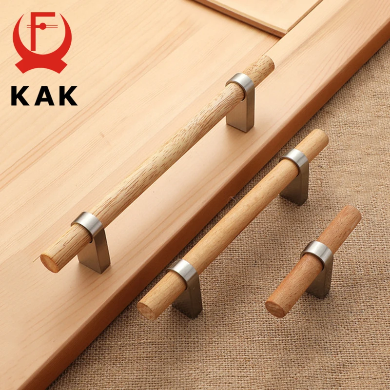 KAK Solid Wooden Kitchen Handles for Cabinets Wood Furniture Handles Black Cupboard Door Pulls Drawer Knobs Furniture Hardware