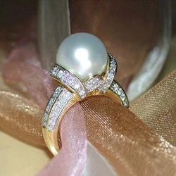Huitan Elegant Imitation Pearl Gold Color Wedding Rings Women Shiny CZ Romantic Marriage Ceremony Party Ring Fashion Accessories