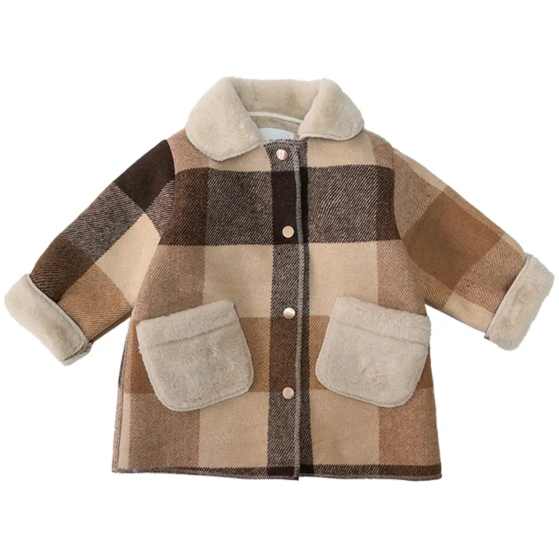 80-130 Cm Winter Girls Long Thick Warm Plaid Fleece Coat Baby Kids Children Clothes Jacket Outerwear