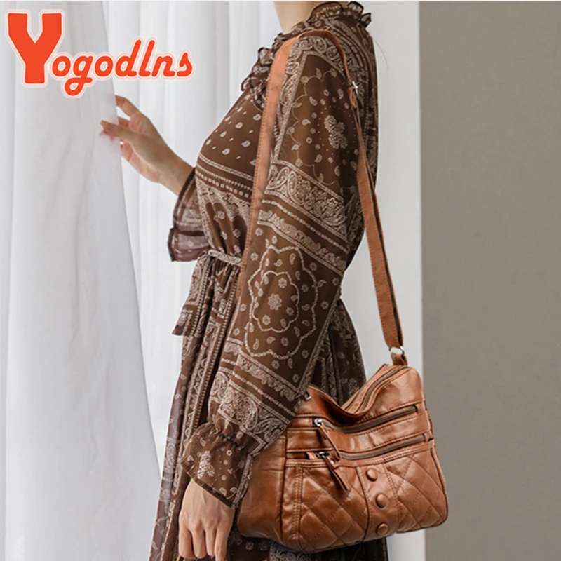 Yogodlns Vintage Soft Leather Shoulder Bag Female Large Capacity Crossbody Bag Fashion Rhombic Messenger Handbag Luxury Mom Bag