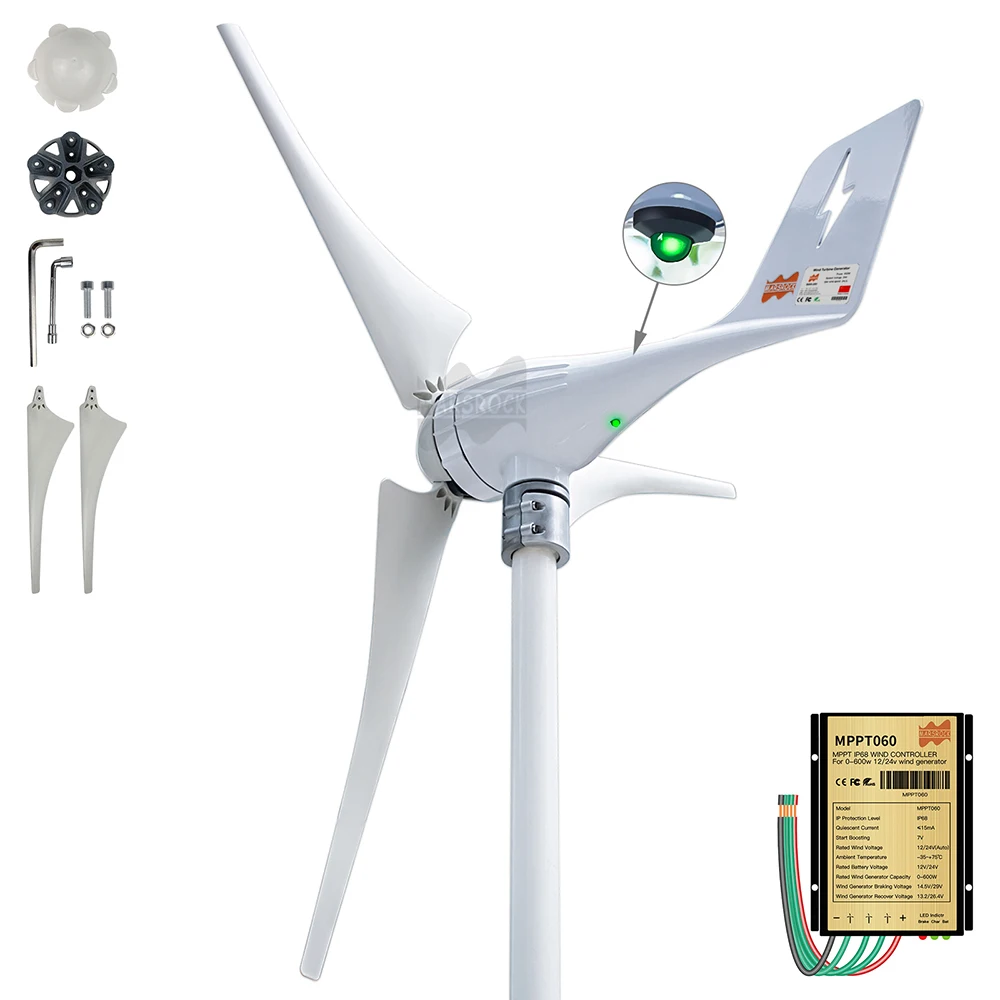 600W 12V 24V Wind Turbine Generator 3 5 6 Blades Residential AC Hawt Wind Mill with Free MPPT Controller Charging Indicator LED