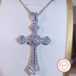 925 Silver Classic Cross Pendant Silver Color Statement Necklace With Zircon Stone Long Chain Necklace for Women Man Religious