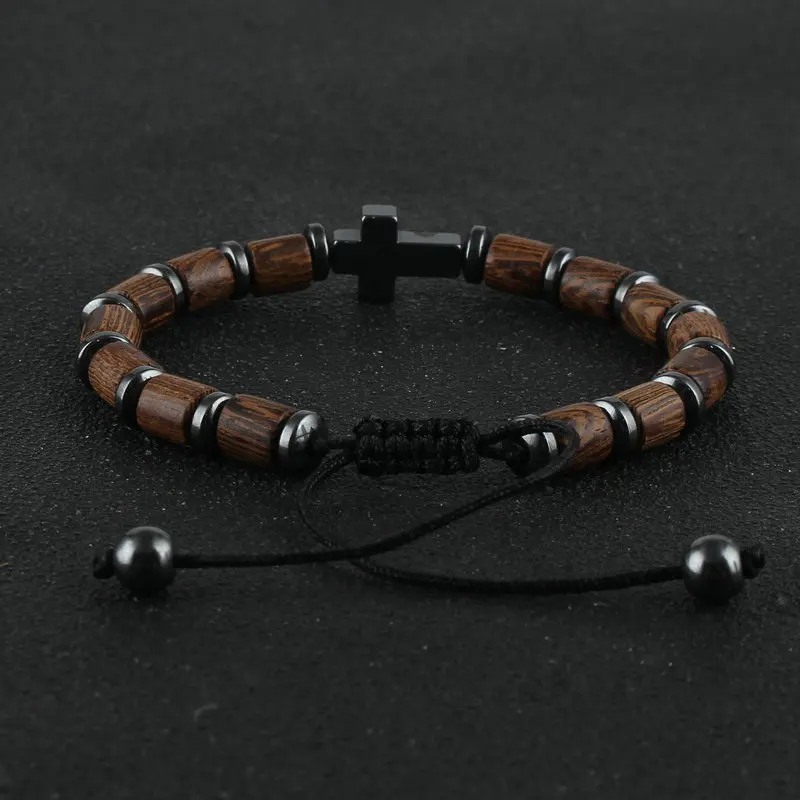 Hematite Cross Charm Bracelet Handmade Adjustable String Chain Lucky Wooden Beads Bracelets for Women Men Jewelry Friend Gift