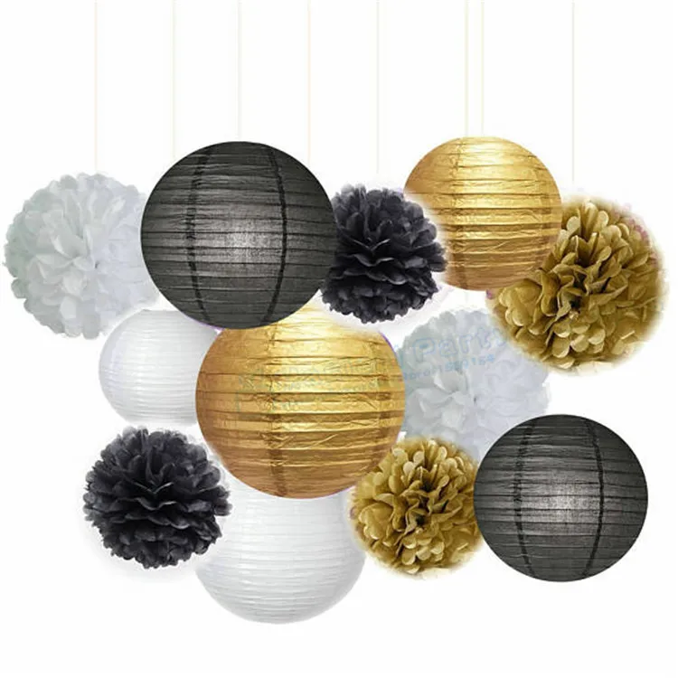 

1 Set Mixed Black Gold White Paper Lanterns Lamp Shade Tissue Pompom Wedding Baby Shower Birthday Graduation Party Decoration