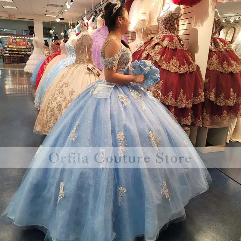 Gaun Quinceanera Biru Muda Applique Renda dari Bahu Manis 16 Gaun Prom Vestidos De Quinceañera 2021