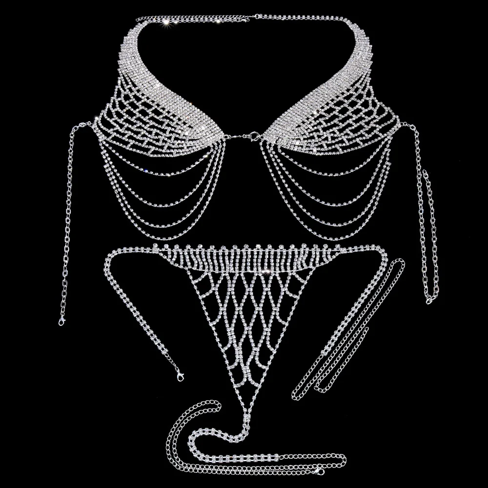 Stonefans Tassel Underwear Rhinestone Bra Chain Harness for Women Sexy Fashion Crystal Bikini Bra and Thong Sets Body Jewelry