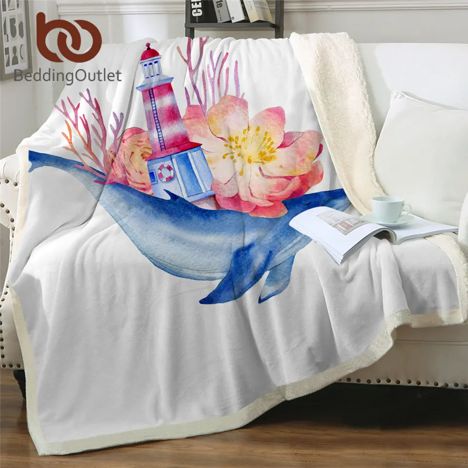 

BeddingOutlet Whale Sherpa Throw Blanket 3D Printed Lighthouse Winter Bedspread Flower Floral Plush Blanket Watercolor Mantas