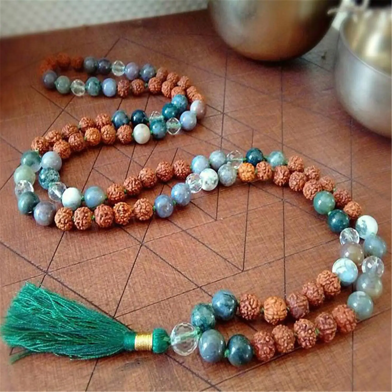 

8mm Moss Agate Rudraksha Stone 108 Beads Handmade Tassel Necklace Spirituality Spiritua Yoga Religious Meditation Mala Buddhist