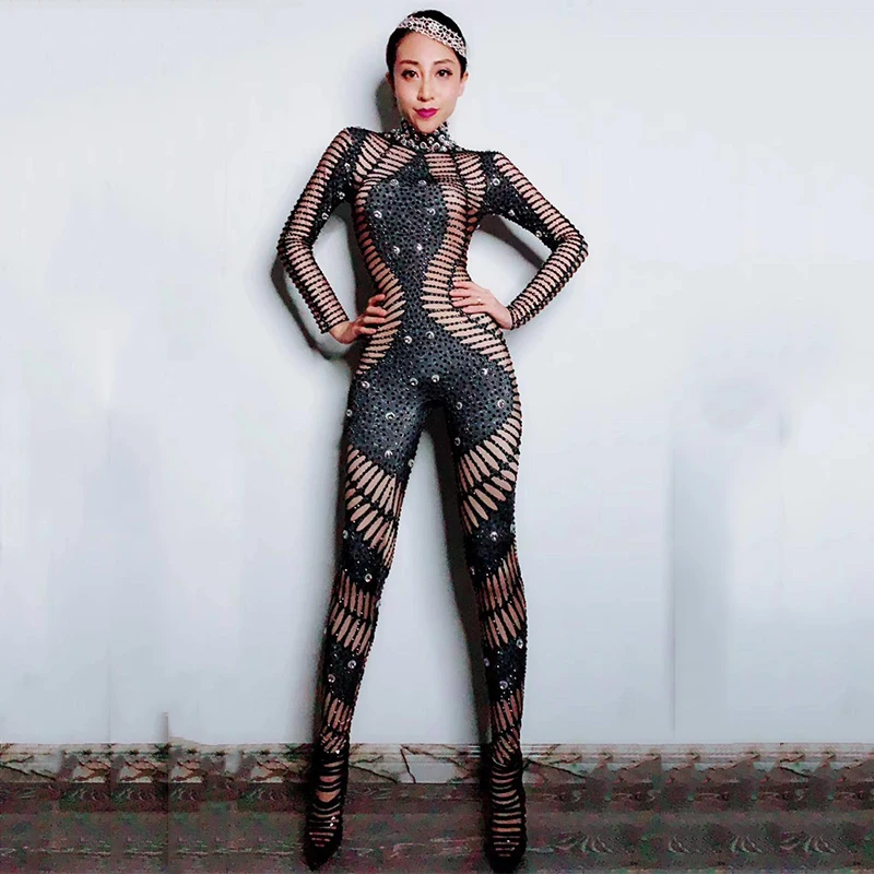 

Black Rhinestones Jumpsuit Women Long Sleeves Party Bodysuit Festival Outfit Evening Female Singer Gogo Costume DN1176