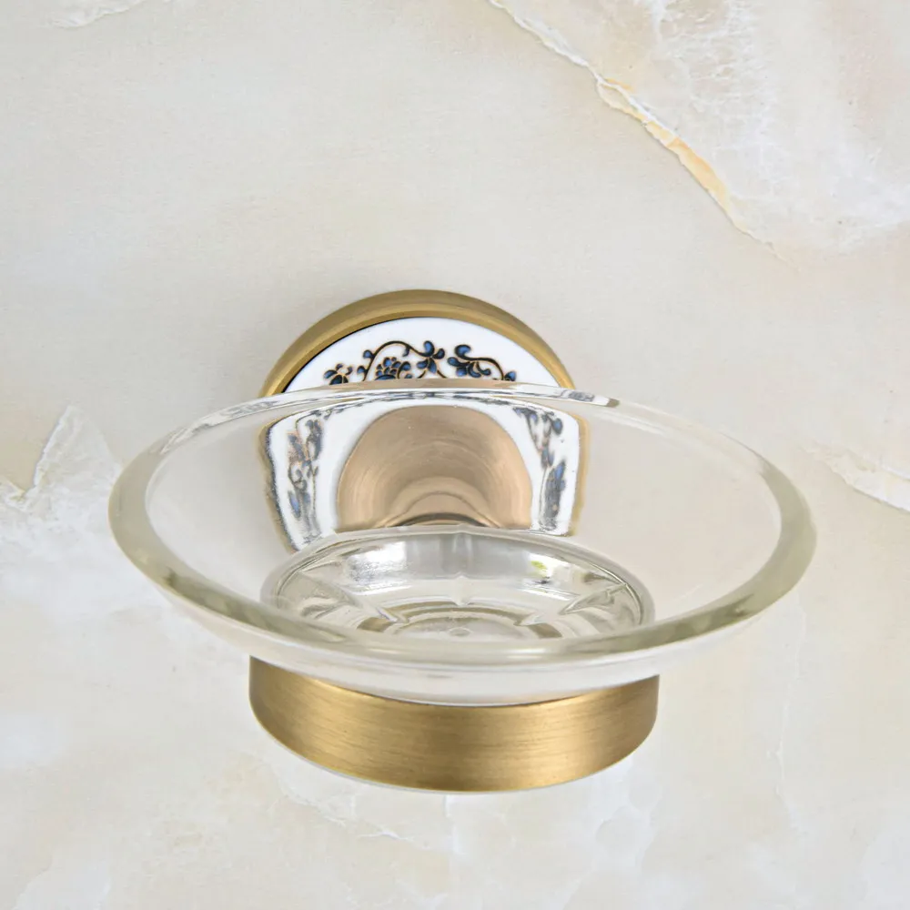 

Vintage Antique Brass Ceramic Base Wall Mounted Bathroom Hardware Accessories Scrub Glass Soap Dish Holder Dba812