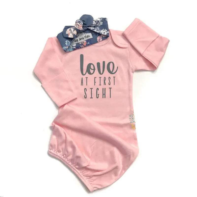 Newborn Infant Baby Girl Cloth Solid Long Sleeve Letter Print Sleeping Gown Swaddle Floral Long Nightgown Coming Home Outfits