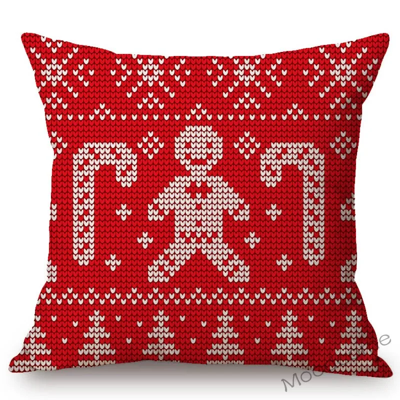 Red Christmas Knitted Sweater Pattern Xmas Cross Stitches Design Home Decorative Pillow Case Cotton Linen Sofa Cushion Cover