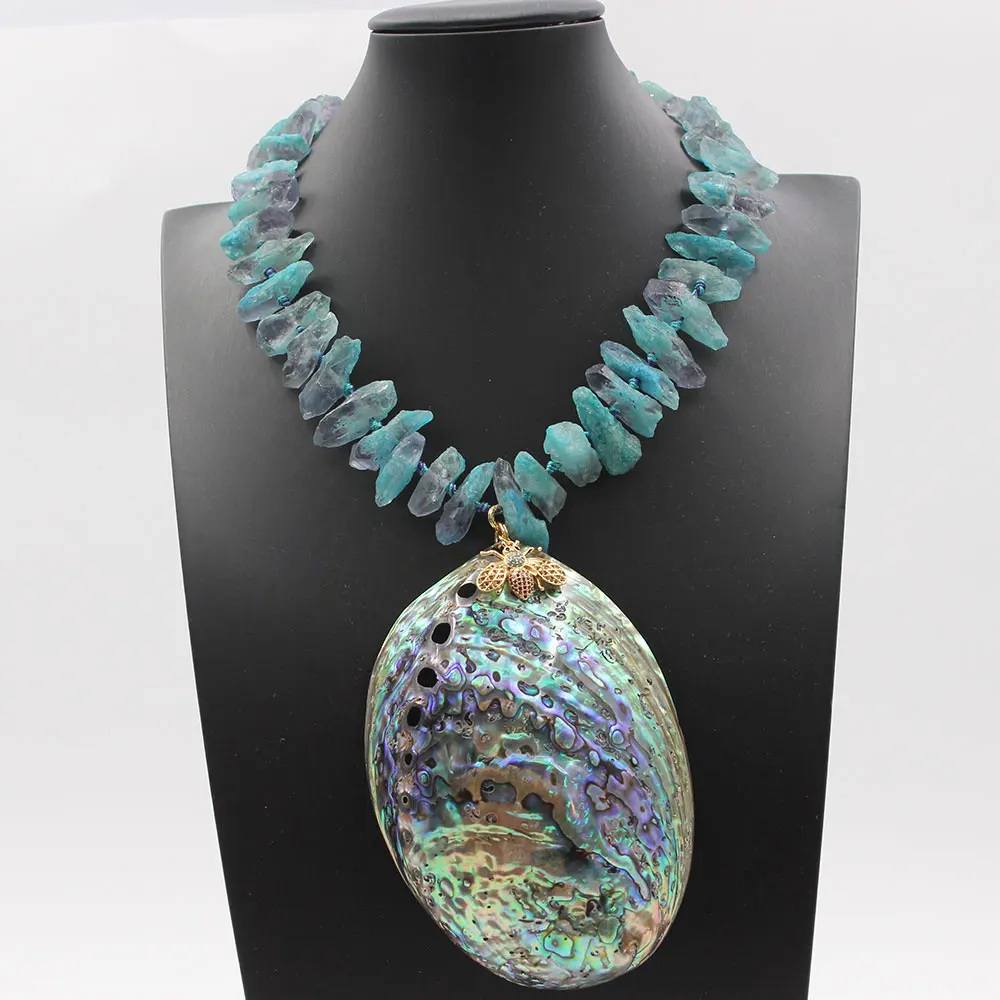 GuaiGuai Jewelry Blue Frontal Fluorites Rough Nugget Necklace CZ Paved Insect Bee Paua Abalone Big Pendant Handmade For Women