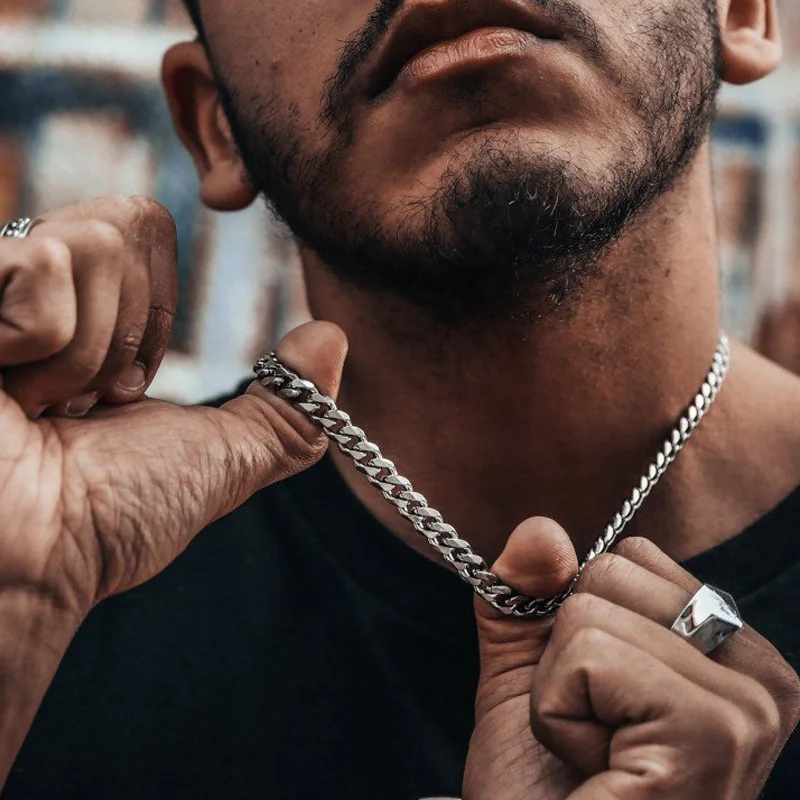 Basic Punk Edelstahl 3,5,7mm Panzerketten-Halsketten für Männer und Frauen in Schwarz und Goldfarbe, Gliederketten-Choker, Massiver Metallschmuck – Detail 4
