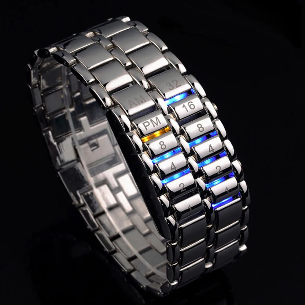 Upgraded Version Lava Iron Samurai Watch Men Bracelet Watches Men Binary Led Watches Black Stainless Steel Multifunction Watches