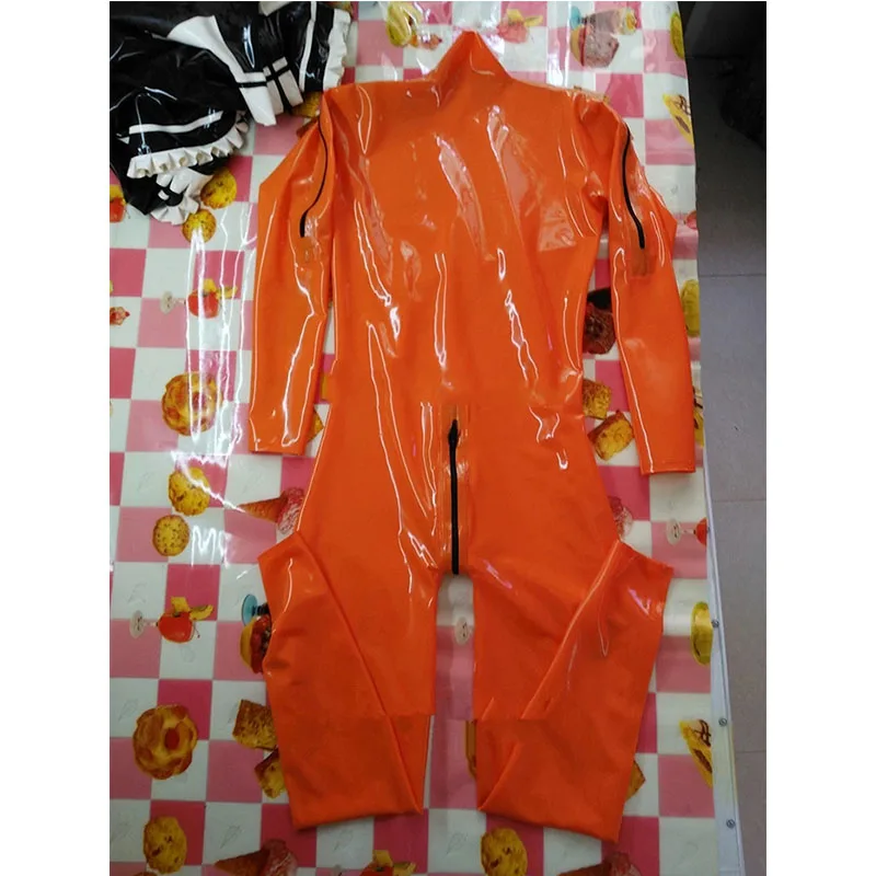 

Sexy Men Full Body Latex Catsuit Handmade Double Shoulders Zipper Rubber Tight Jumpsuit Clothing with Crotch Zip