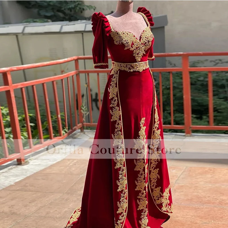 Gaun Malam Merah Kosovo Tradisional untuk Gaun Pesta Wanita Gaun Prom Appliqued Emas Vestidos De La Seondad