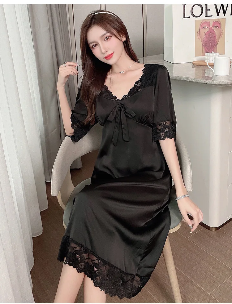 Women Sexy Black Long Nightdress Soft Satin Silk Sleepwear Home Dressing Gown Short Sleeve Lace Trim Nightgown Lingerie Bathrobe