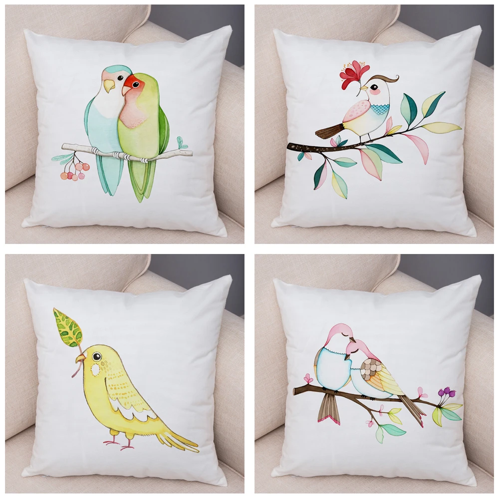 Cartoon Parrot Animal Pillow Case Decor Birds and Flower Cushion Cover for Sofa Home Car Super Soft Plush Pillowcase 45x45cm