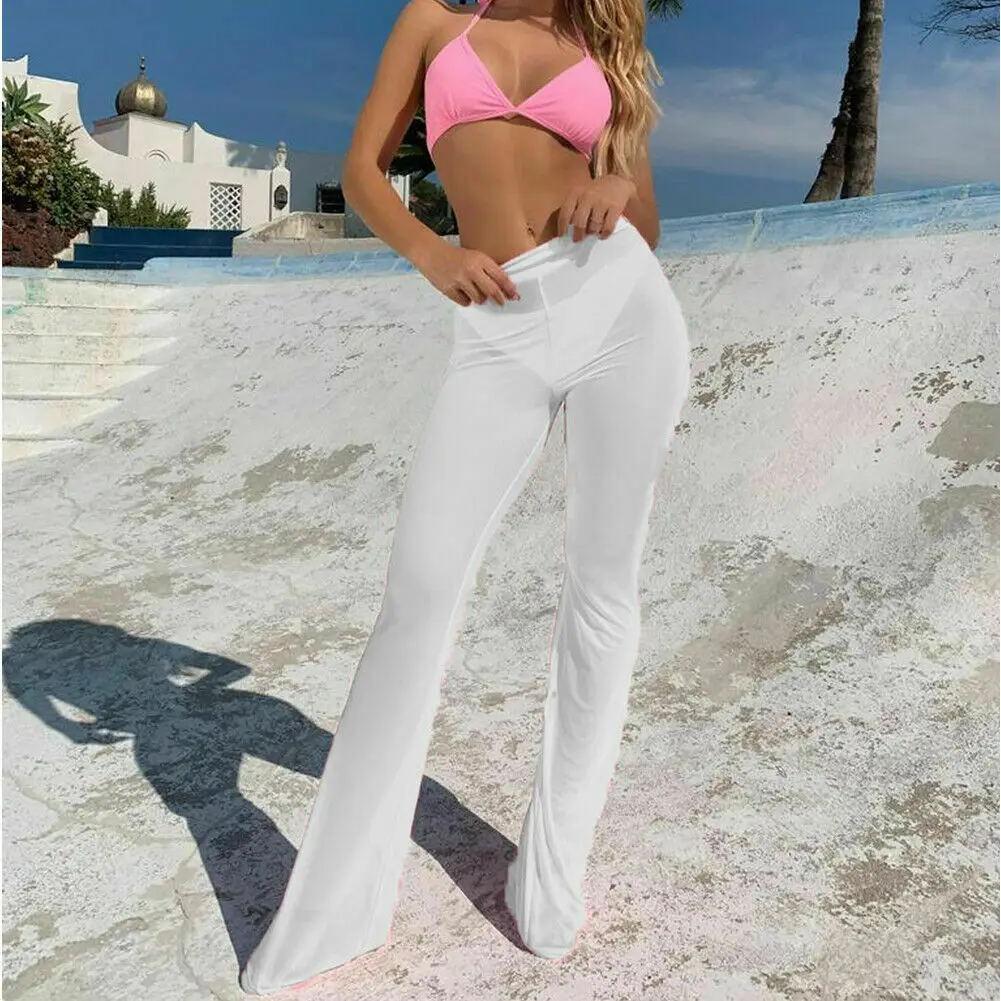 Women Hot Sexy Beach See-through Mesh High Waist Elastic Sheer Wide Leg Pants Trousers Plus Size Bikini Cover Up S-XL