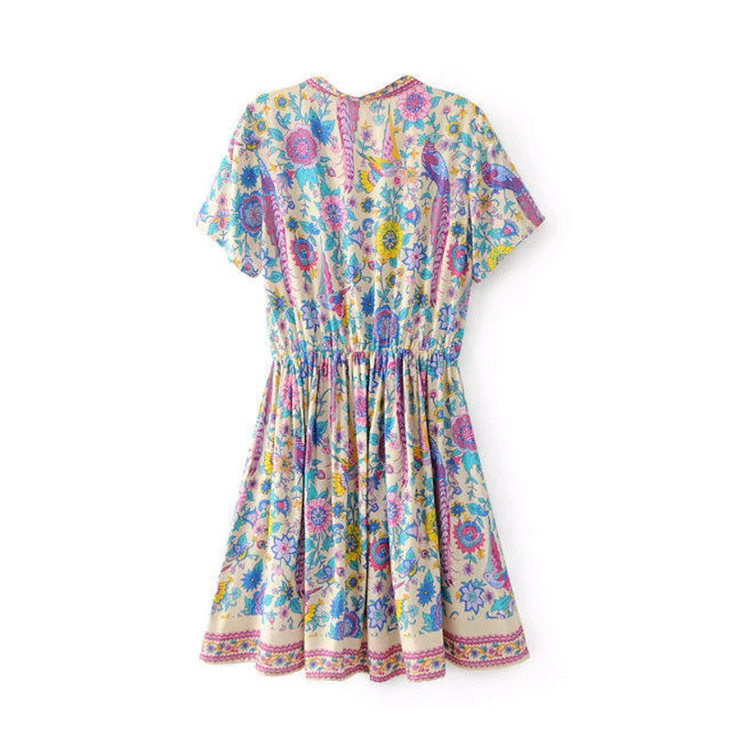 Vintage Chic Women Peacock Floral Print Deep V-neck  Bohemian Mini Dress  Ladies Short Sleeve Boho Happie Dresses