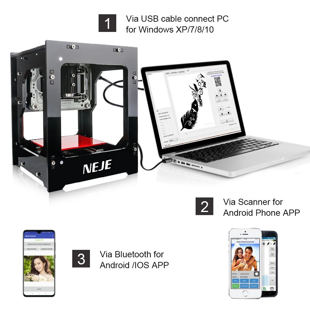 NEJE DK-8-KZ 3000mW DIY Desktop Mini CNC Laser Engraver Cutter Engraving Wood Cutting Machine Router with Bluetootwith Bluttooth