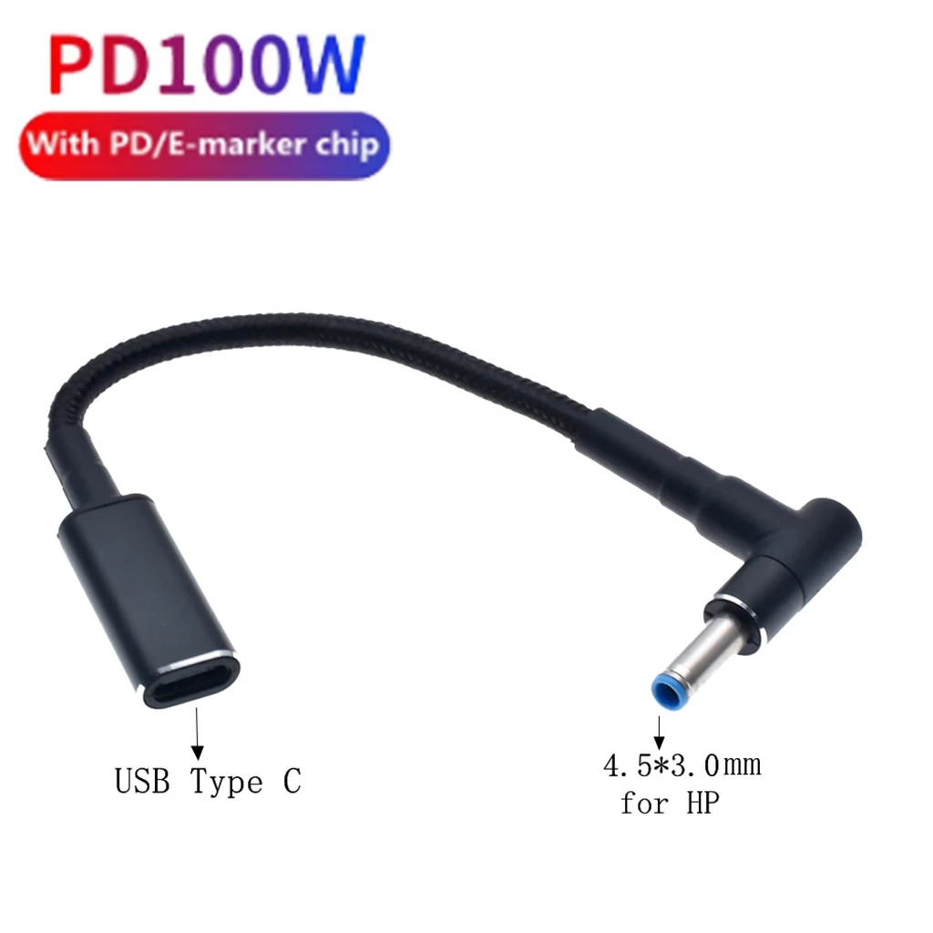 Type C to 4.5x3.0mm Plug Converter 100W USB C PD Fast Charging Cable for HP / Dell Laptop Charger DC 4.5*3.0