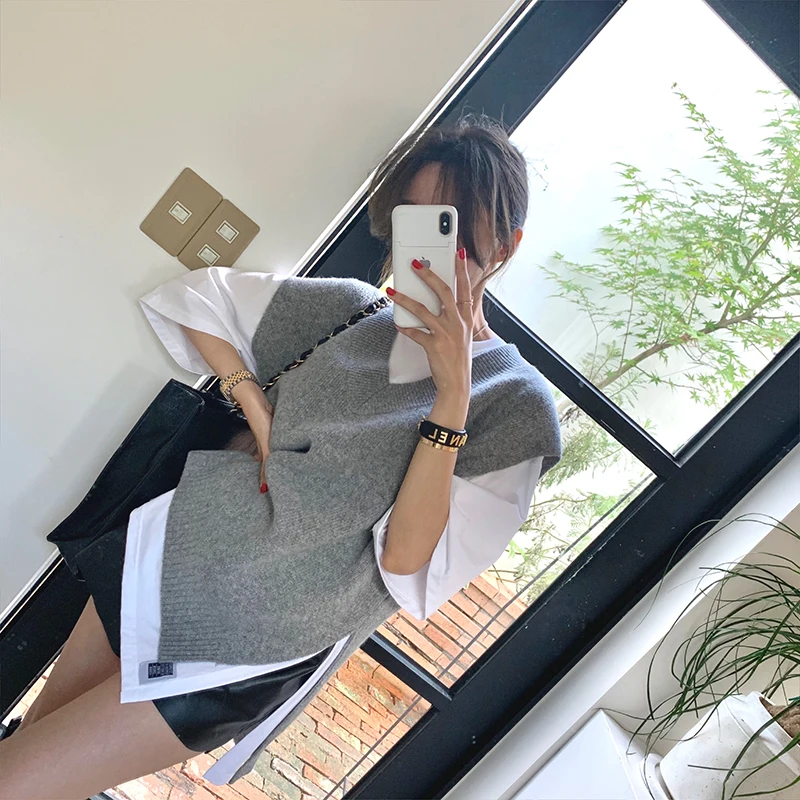 2020 New V-Neck Girls Pullover 100% Wool Sweater Autumn Winter Women Vest Sleeveless Female Fashion Warm Casual Oversize