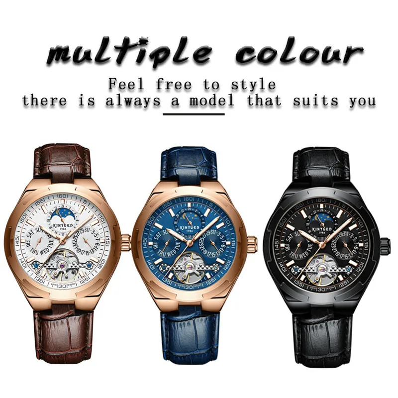 KINYUED Men Watches Automatic Mechanical Watch Leather Tourbillon Sport Clock Casual Business Relojes Hombre Retro Wristwatch