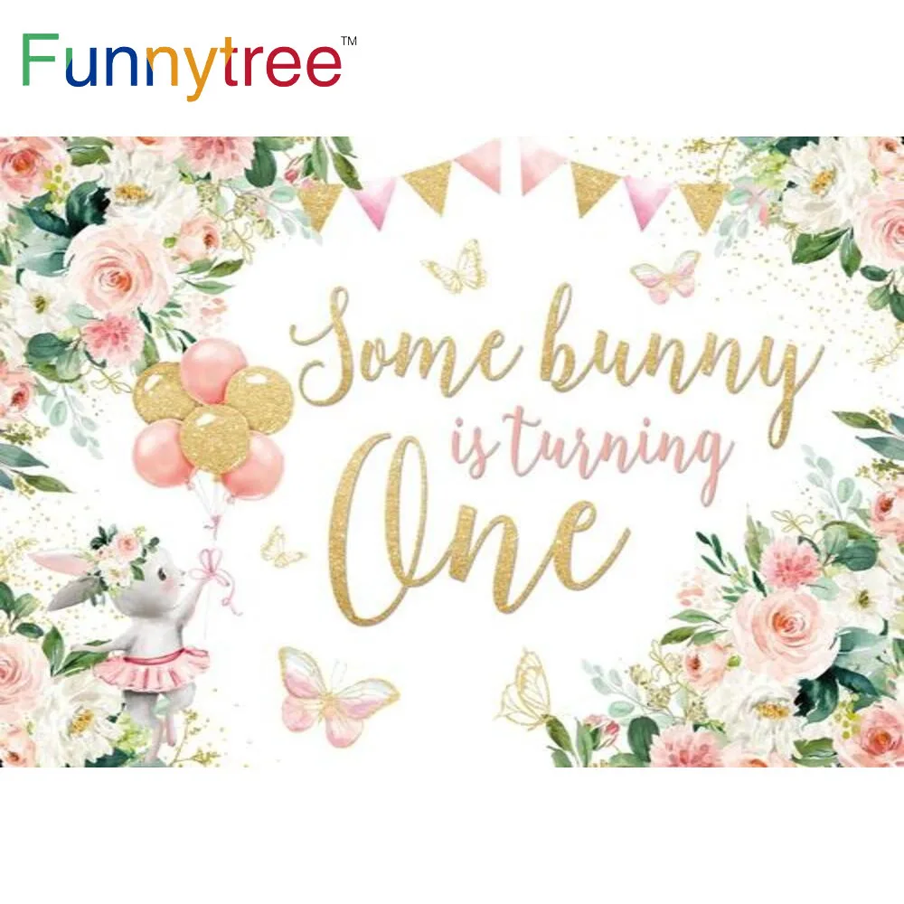 

Funnytree 1st Birthday Party Background Bunny Spring Easter Flowers Girl Baby Shower Banner Newborn Pink Photophone Backdrop