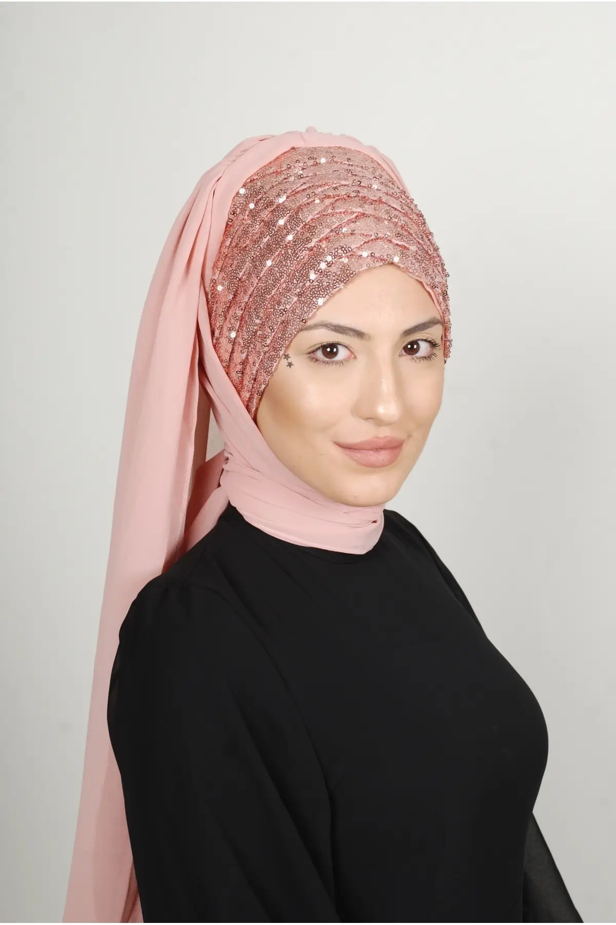 Instant Hijab Front Sequined Shirred Bridal Veil