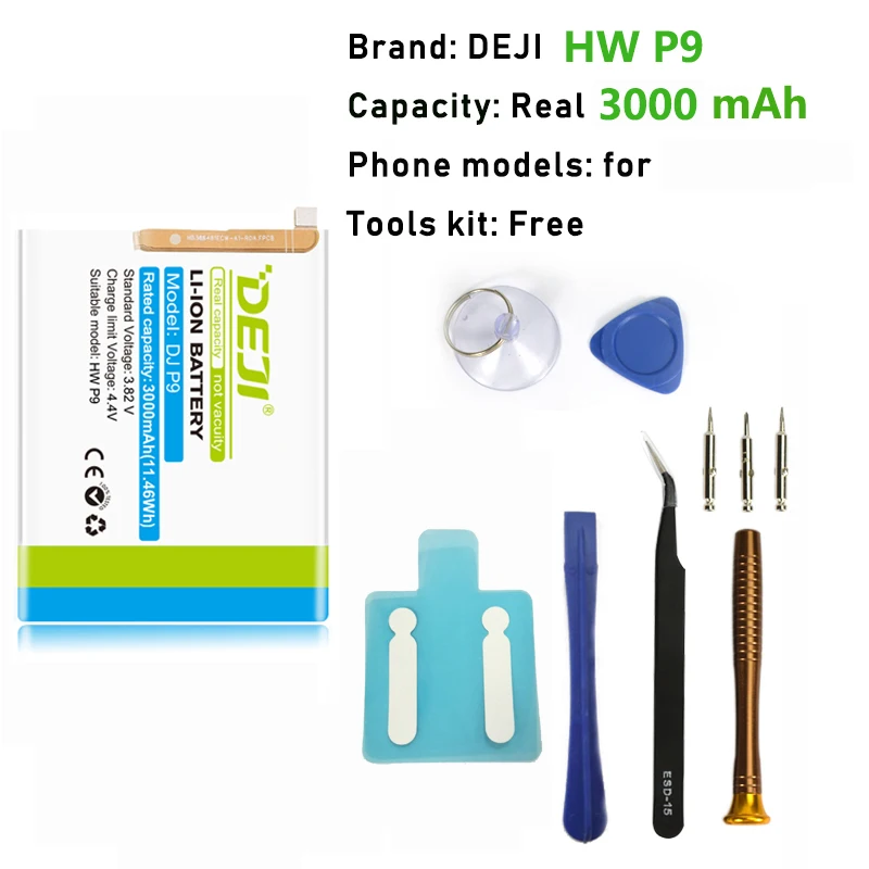 DEJI For Huawei P9 Battery HWP10 G9 mate 8 9 10 zero cycle Real Capacity Internal Bateria Replacement Batarya With Free Tool Kit