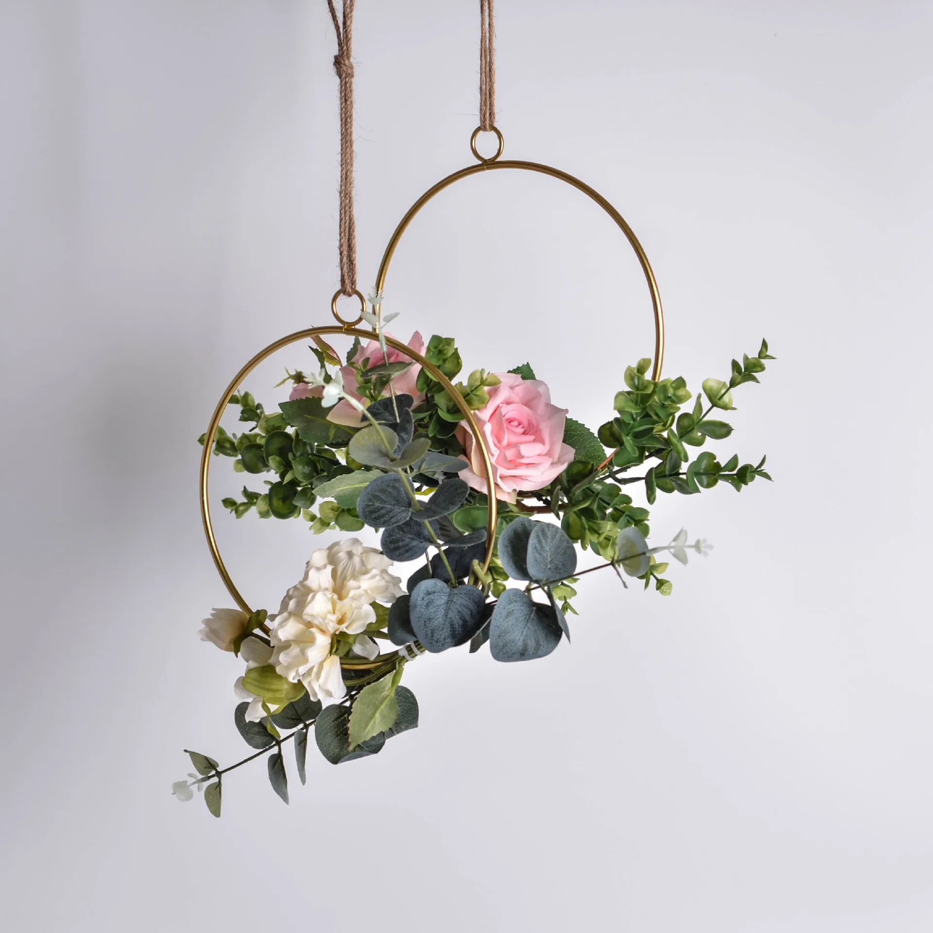 Nordic Wrought Iron Wall Hanging Decoration Garland Hemp Rope Hanging Artificial Flowers Wreath For Wedding Wall Hangings Decor