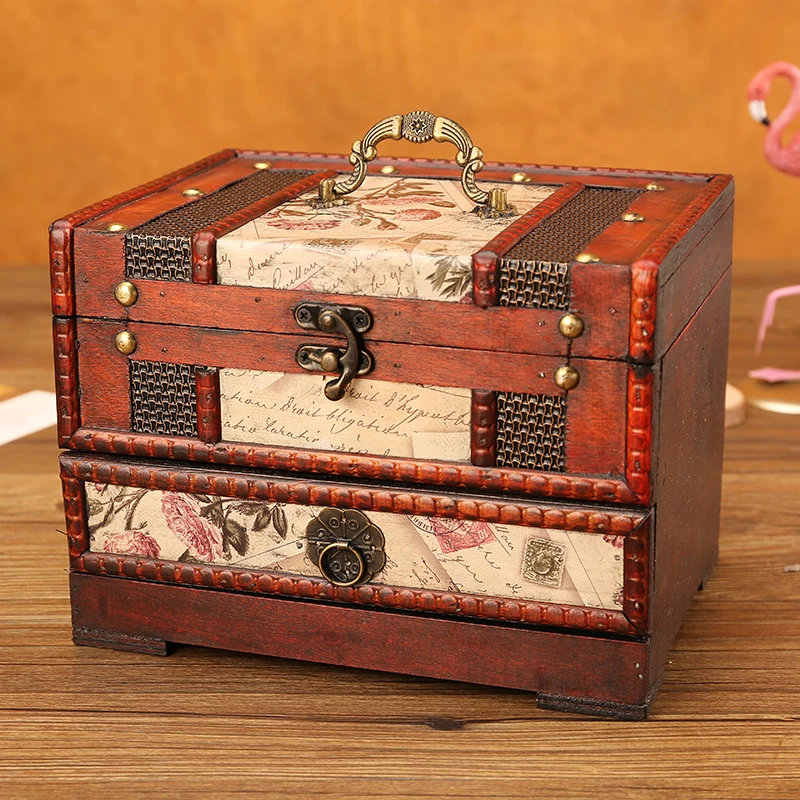 wooden jewelry box with lock pattern Toilet case Desktop finishing box storage box princess storage box wooden