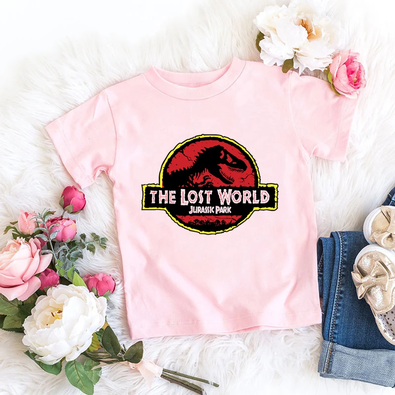 newly girls t-shirt funny Jurassic dinosaur graphic print kids t shirt summer cute girls Pink short sleeve high quality tops