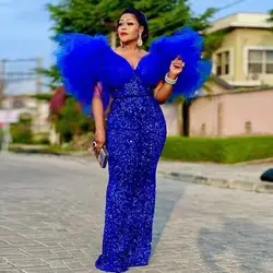 Royal Blue Sequined Mermaid Prom Dresses With Puffy Sleeves Aso Ebi Cocktail Party Gowns Evening Dress Plus Size African Women