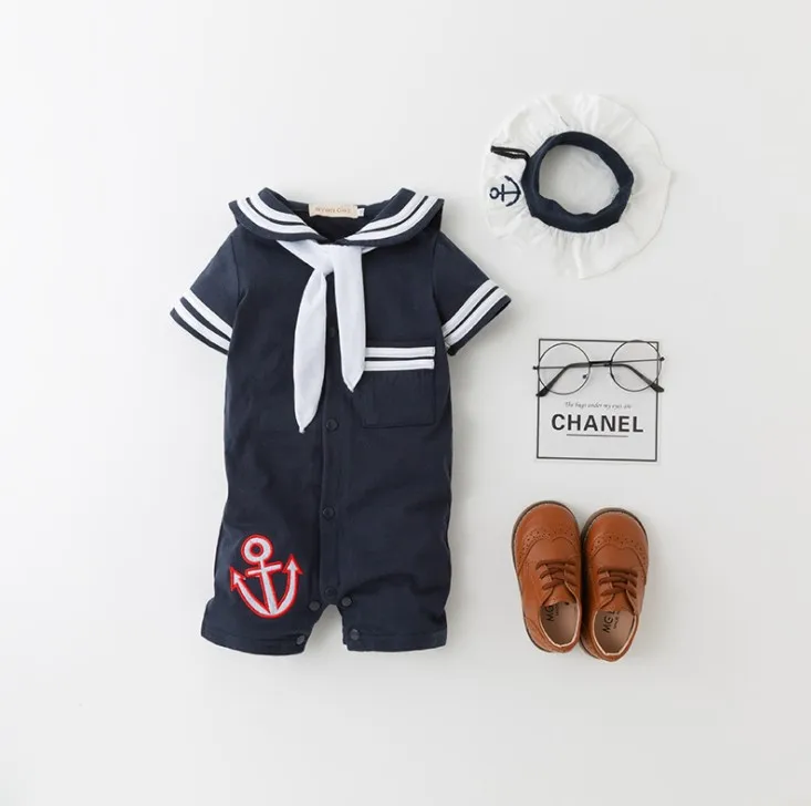 Baby Boy Navy Style Jumpsuits/Boy Dark Blue Romper with Cap 3342