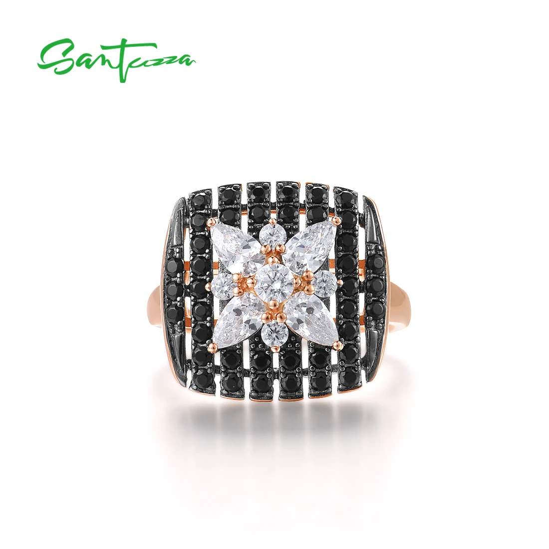 SANTUZZA Authentic 925 Sterling Silver Rings For Women Sparkling Black Spinel White CZ Star Ring Unique Stylish Fine Jewelry