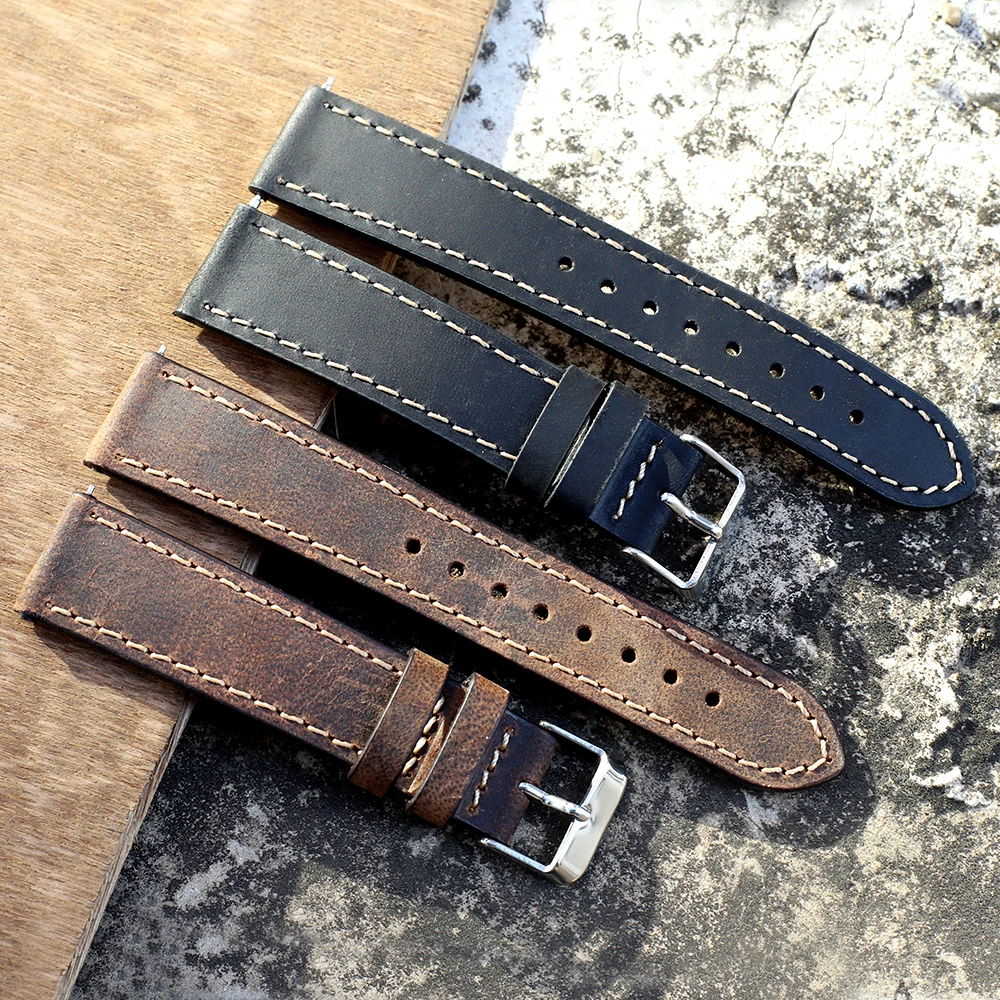 Retro Genuine Leather Watchband 20mm 22mm Black Cofffee Watch Band Stainless Steel Buckle Quick Release Strap Belt for Men